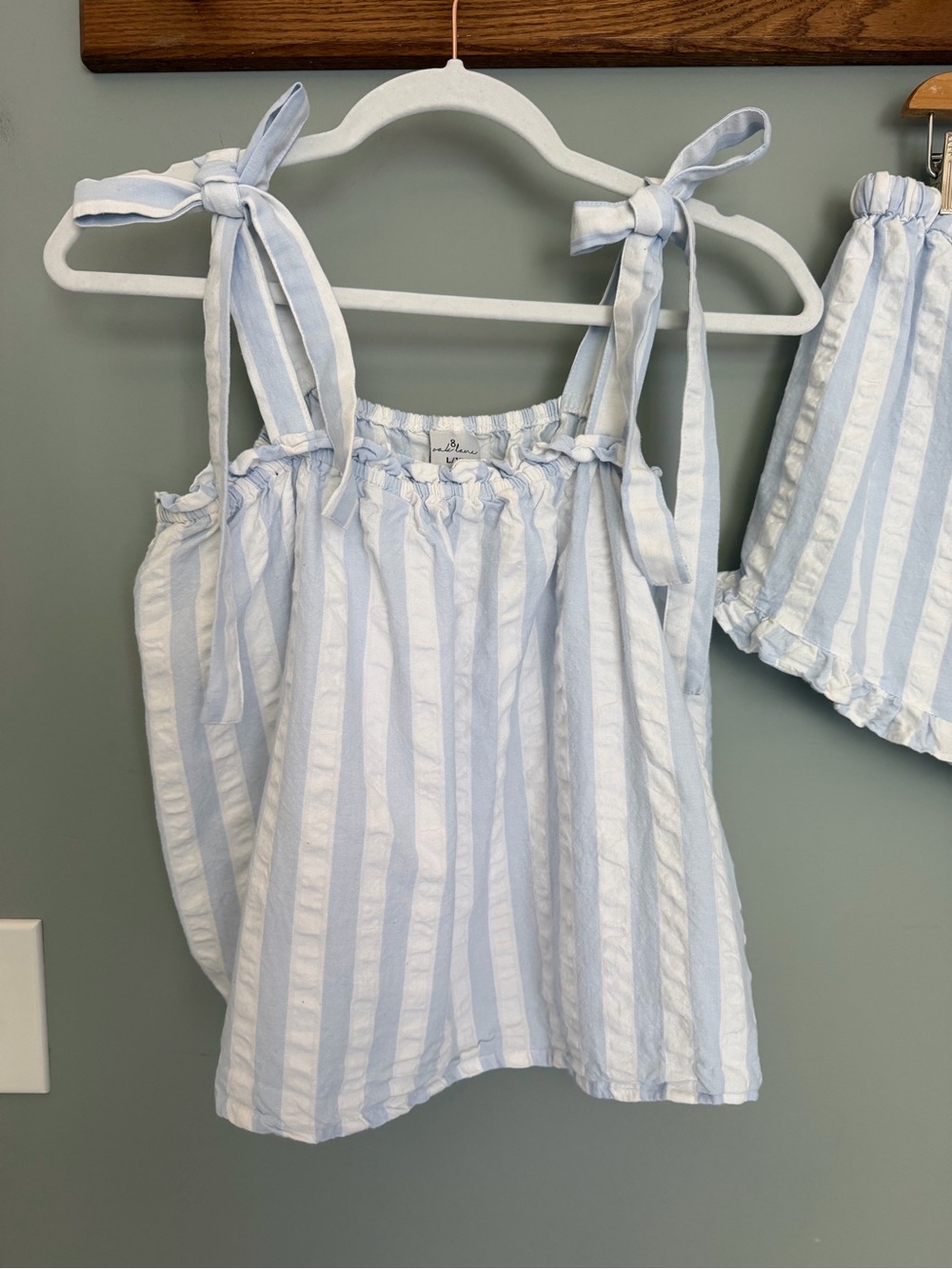 8 Oak Lane 100% Cotton Ruffle Blue White Textured Stripe Tie-Shoulder Set - Picture 4 of 17